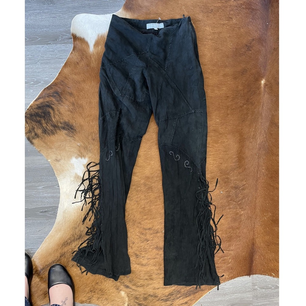 Vintage Jacqueline Chabay Black Suede Fringe Pants Size 40